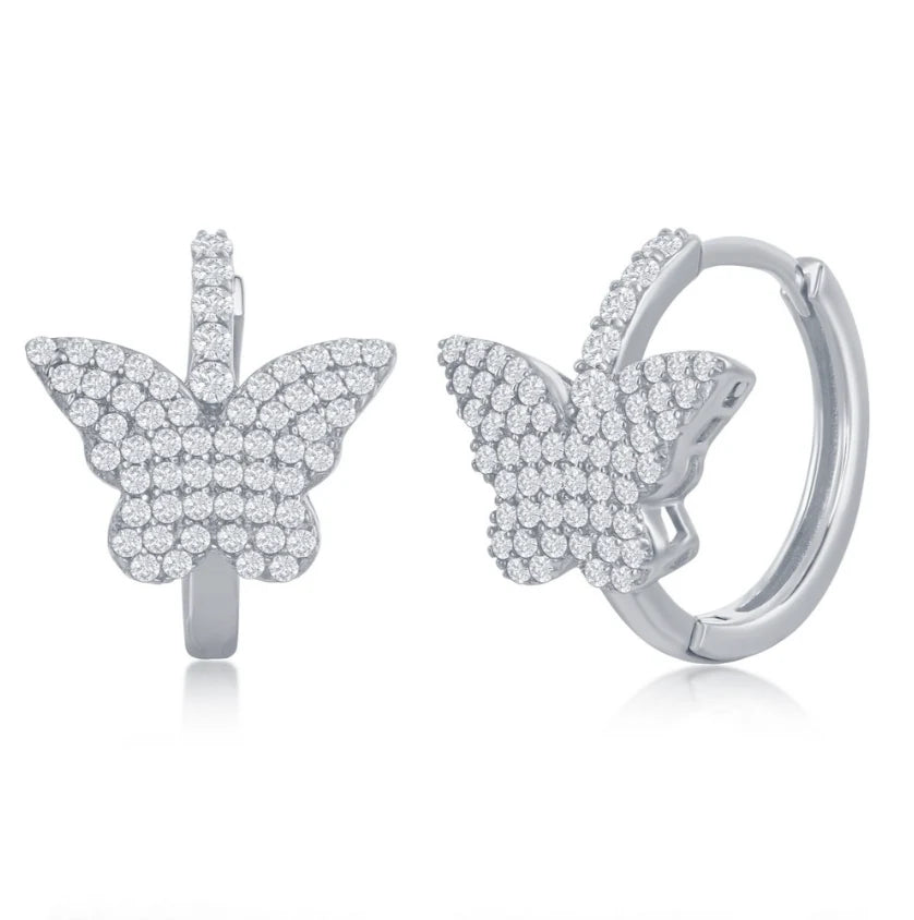 Children's Sterling Silver Micro Pave CZ Butterfly Huggie Hoop Earrings
