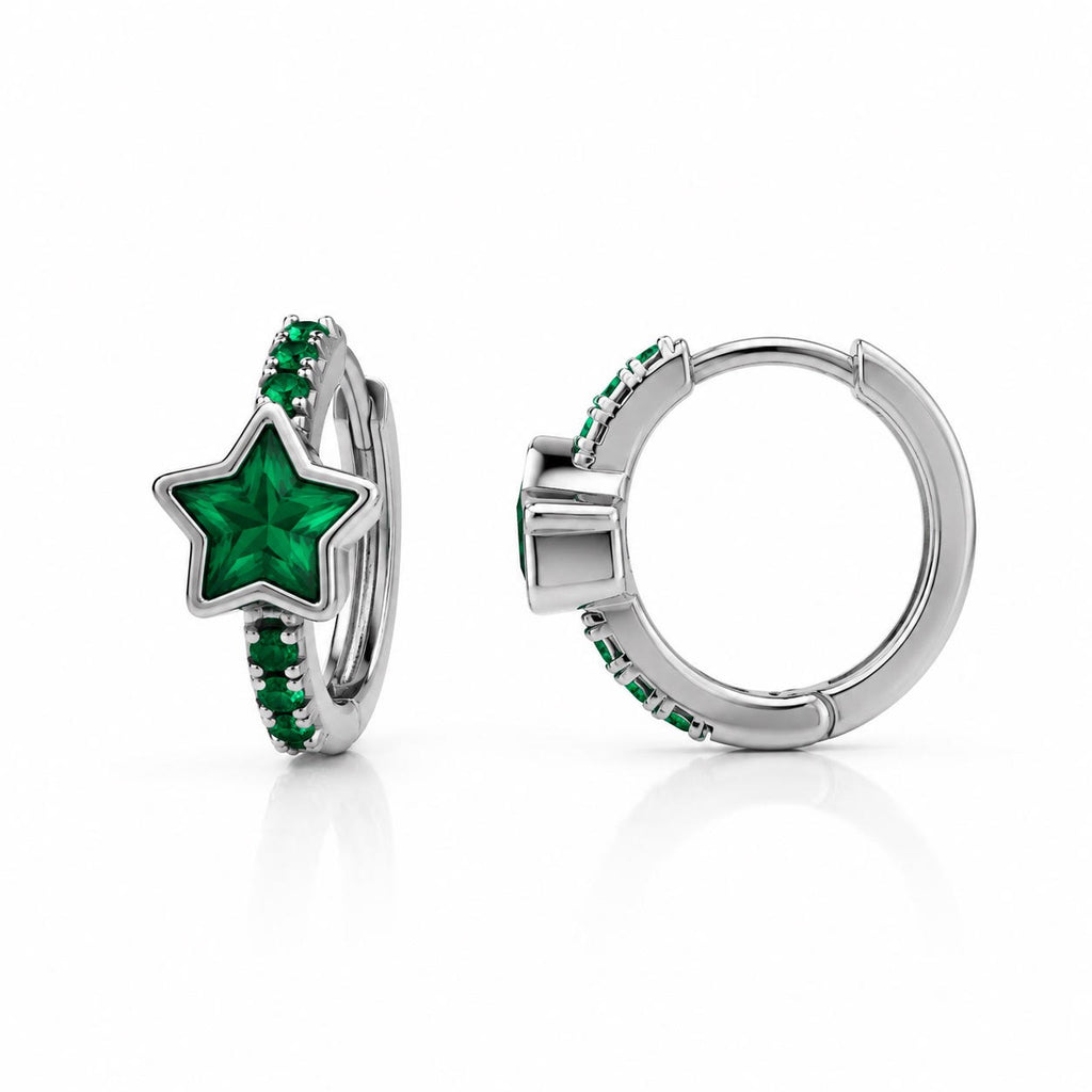 Sterling Silver Green Star Huggie Earrings